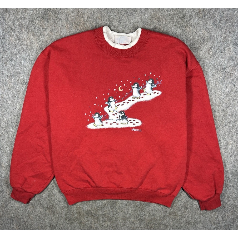 Vintage 90s Morning Sun Penguin Christmas Sweatshirt Red Womens Small
